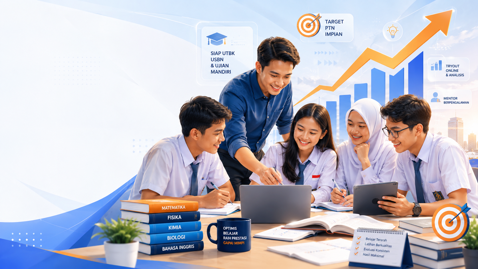 Ilustrasi siswa belajar dan dashboard tryout